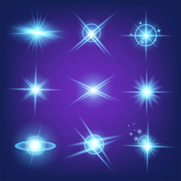 Kreatives Konzept Vektor-Set von Glühlicht-Effekt-Sternen platzt mit Funkeln isoliert auf schwarzem Hintergrund. Zur Illustration Vorlage Art Design, Banner für Weihnachten feiern, Magie Blitz Energie Strahl — Stockvektor