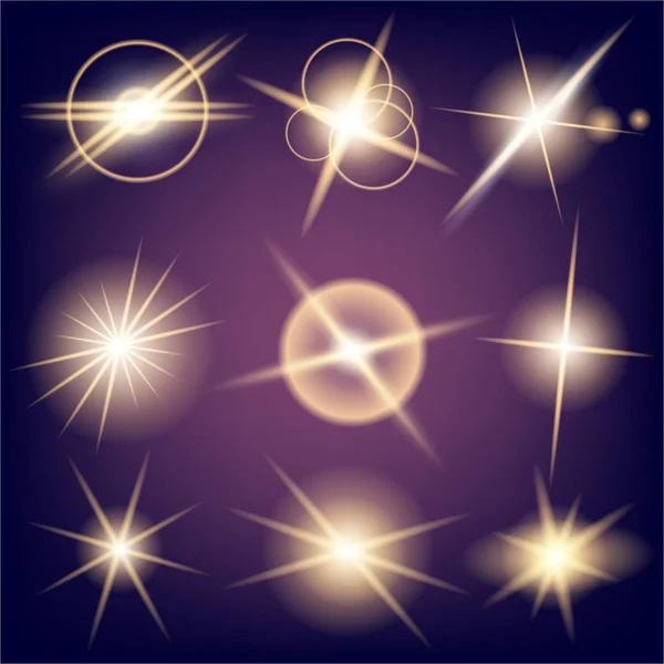 Conceito criativo Conjunto vetorial de estrelas de efeito de luz brilhante explode com faíscas isoladas em fundo preto. Para ilustração modelo arte design, banner para o Natal comemorar, raio de energia flash mágico —  Vetores de Stock