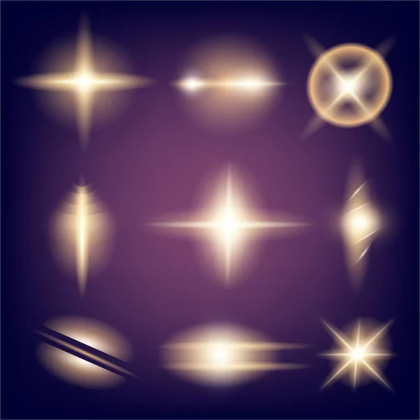 Concepto creativo Conjunto vectorial de estrellas con efecto de luz brillante estalla con destellos aislados sobre fondo negro. Para el diseño de arte de la plantilla de ilustración, banner para celebrar la Navidad, rayo mágico de energía flash — Archivo Imágenes Vectoriales