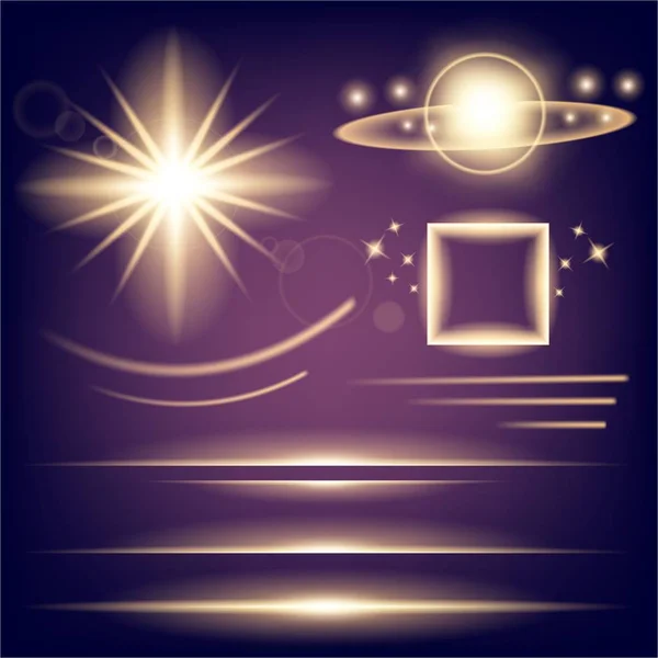 Concept créatif Ensemble vectoriel d'étoiles à effet de lumière brillante éclate avec des étincelles isolées sur fond noir. Pour la conception d'art de modèle d'illustration, bannière pour Noël célèbrent, rayon d'énergie flash magique — Image vectorielle