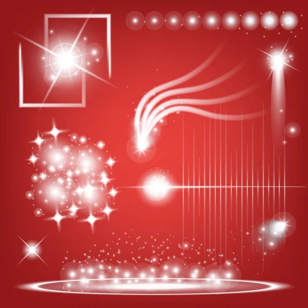 Conceito criativo Conjunto vetorial de estrelas de efeito de luz brilhante explode com faíscas isoladas em fundo preto. Para ilustração modelo arte design, banner para o Natal comemorar, raio de energia flash mágico —  Vetores de Stock