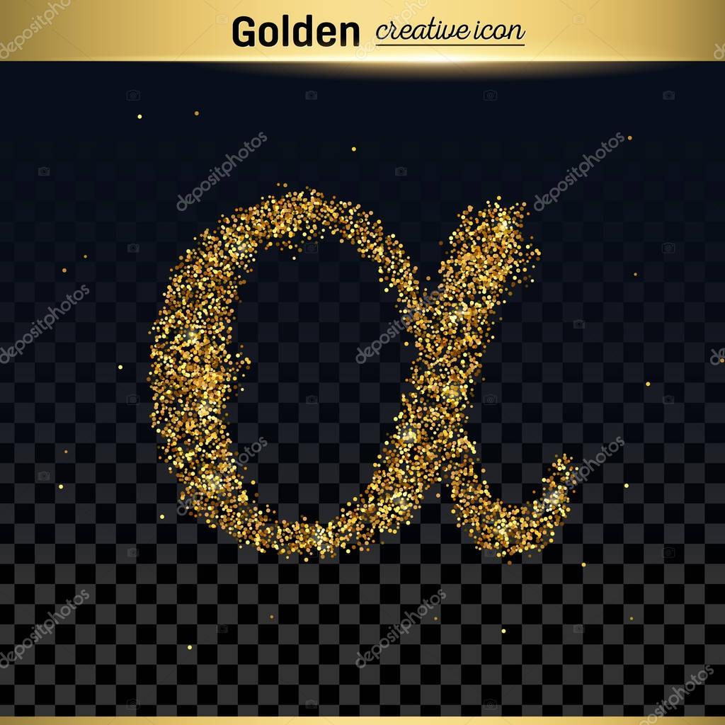 Gold glitter vector icon of alpha isolated on background. Art creative concept illustration for web, glow light confetti, bright sequins, sparkle tinsel, abstract bling, shimmer dust, foil.