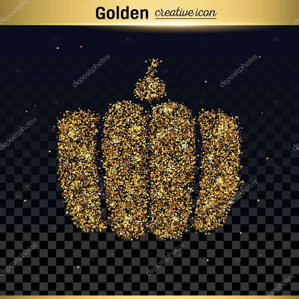 Gold glitter vector icon of gourd isolated on background. Art creative concept illustration for web, glow light confetti, bright sequins, sparkle tinsel, abstract bling, shimmer dust, foil.