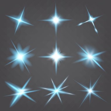 Parlak ışık efektlerinden oluşan yaratıcı bir konsept vektör kümesi siyah arka planda izole edilmiş kıvılcımlarla parlar. Resim tasarımı için, Noel kutlaması için pankart, sihirli ışık ışını.