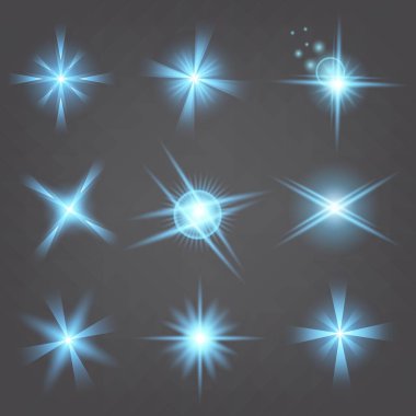 Parlak ışık efektlerinden oluşan yaratıcı bir konsept vektör kümesi siyah arka planda izole edilmiş kıvılcımlarla parlar. Resim tasarımı için, Noel kutlaması için pankart, sihirli ışık ışını.