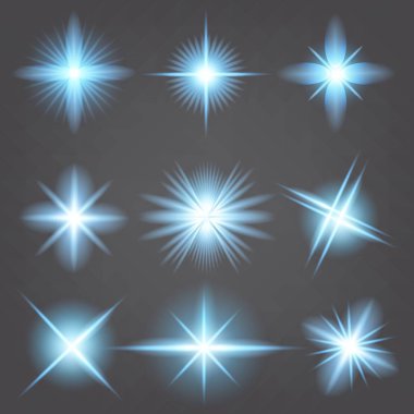 Parlak ışık efektlerinden oluşan yaratıcı bir konsept vektör kümesi siyah arka planda izole edilmiş kıvılcımlarla parlar. Resim tasarımı için, Noel kutlaması için pankart, sihirli ışık ışını.