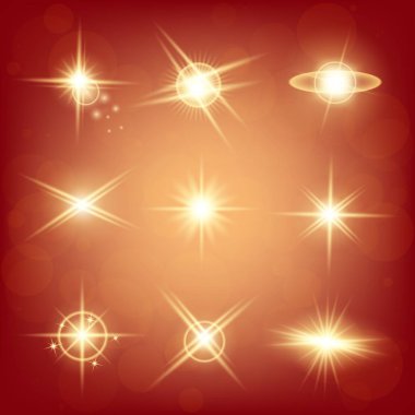 Parlak ışık efektlerinden oluşan yaratıcı bir konsept vektör kümesi siyah arka planda izole edilmiş kıvılcımlarla parlar. Resim tasarımı için, Noel kutlaması için pankart, sihirli ışık ışını.