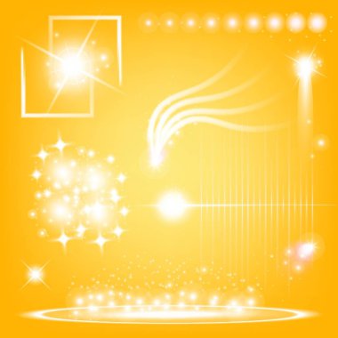 Parlak ışık efektlerinden oluşan yaratıcı bir konsept vektör kümesi siyah arka planda izole edilmiş kıvılcımlarla parlar. Resim tasarımı için, Noel kutlaması için pankart, sihirli ışık ışını.