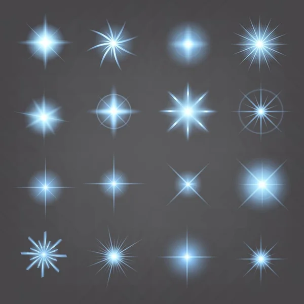Concepto creativo Conjunto vectorial de estrellas con efecto de luz brillante estalla con destellos aislados sobre fondo negro. Para el diseño de arte de la plantilla de ilustración, banner para celebrar la Navidad, rayo mágico de energía flash. — Archivo Imágenes Vectoriales