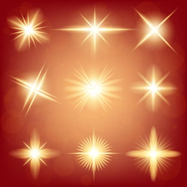 Conceito criativo Conjunto vetorial de estrelas de efeito de luz brilhante explode com faíscas isoladas em fundo preto. Para ilustração modelo arte design, banner para o Natal comemorar, raio de energia flash mágico. —  Vetores de Stock