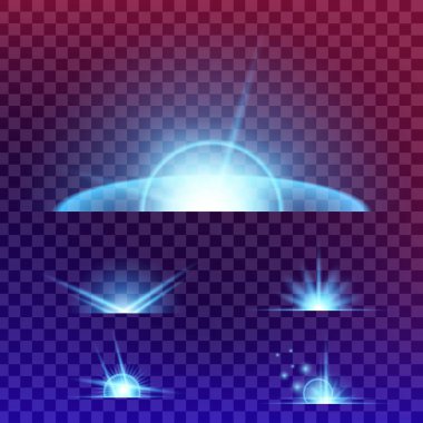 Parlak ışık efektlerinden oluşan yaratıcı bir konsept vektör kümesi siyah arka planda izole edilmiş kıvılcımlarla parlar. Resim tasarımı için, Noel kutlaması için pankart, sihirli ışık ışını.