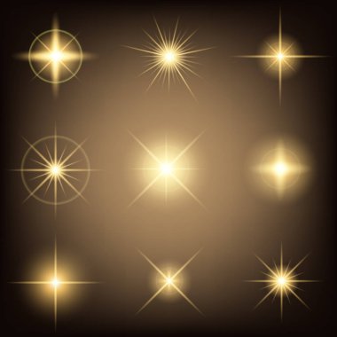 Parlak ışık efektlerinden oluşan yaratıcı bir konsept vektör kümesi siyah arka planda izole edilmiş kıvılcımlarla parlar. Resim tasarımı için, Noel kutlaması için pankart, sihirli ışık ışını.