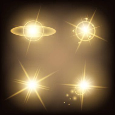 Parlak ışık efektlerinden oluşan yaratıcı bir konsept vektör kümesi siyah arka planda izole edilmiş kıvılcımlarla parlar. Resim tasarımı için, Noel kutlaması için pankart, sihirli ışık ışını.