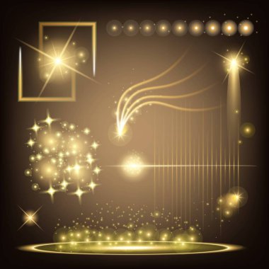 Parlak ışık efektlerinden oluşan yaratıcı bir konsept vektör kümesi siyah arka planda izole edilmiş kıvılcımlarla parlar. Resim tasarımı için, Noel kutlaması için pankart, sihirli ışık ışını.