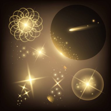 Parlak ışık efektlerinden oluşan yaratıcı bir konsept vektör kümesi siyah arka planda izole edilmiş kıvılcımlarla parlar. Resim tasarımı için, Noel kutlaması için pankart, sihirli ışık ışını.