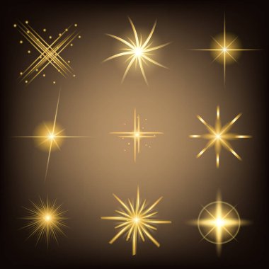 Parlak ışık efektlerinden oluşan yaratıcı bir konsept vektör kümesi siyah arka planda izole edilmiş kıvılcımlarla parlar. Resim tasarımı için, Noel kutlaması için pankart, sihirli ışık ışını.