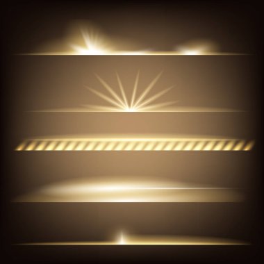 Parlak ışık efektlerinden oluşan yaratıcı bir konsept vektör kümesi siyah arka planda izole edilmiş kıvılcımlarla parlar. Resim tasarımı için, Noel kutlaması için pankart, sihirli ışık ışını.