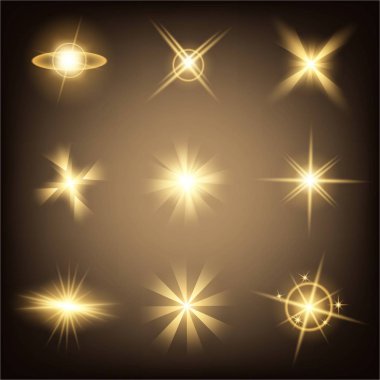 Parlak ışık efektlerinden oluşan yaratıcı bir konsept vektör kümesi siyah arka planda izole edilmiş kıvılcımlarla parlar. Resim tasarımı için, Noel kutlaması için pankart, sihirli ışık ışını.