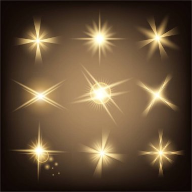 Parlak ışık efektlerinden oluşan yaratıcı bir konsept vektör kümesi siyah arka planda izole edilmiş kıvılcımlarla parlar. Resim tasarımı için, Noel kutlaması için pankart, sihirli ışık ışını.