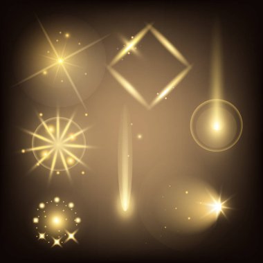 Parlak ışık efektlerinden oluşan yaratıcı bir konsept vektör kümesi siyah arka planda izole edilmiş kıvılcımlarla parlar. Resim tasarımı için, Noel kutlaması için pankart, sihirli ışık ışını.