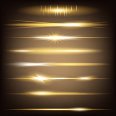 Parlak ışık efektlerinden oluşan yaratıcı bir konsept vektör kümesi siyah arka planda izole edilmiş kıvılcımlarla parlar. Resim tasarımı için, Noel kutlaması için pankart, sihirli ışık ışını.