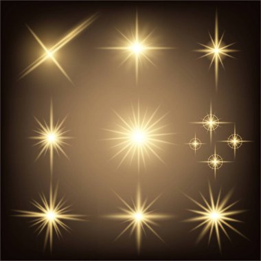 Parlak ışık efektlerinden oluşan yaratıcı bir konsept vektör kümesi siyah arka planda izole edilmiş kıvılcımlarla parlar. Resim tasarımı için, Noel kutlaması için pankart, sihirli ışık ışını.