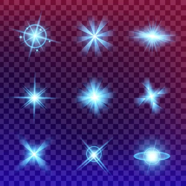 Creatief concept Vectorset van glow light-effectsterren barst los met glitters geïsoleerd op zwarte achtergrond. Voor illustratie sjabloon art design, banner voor kerst te vieren, magische flash energie straal. — Stockvector