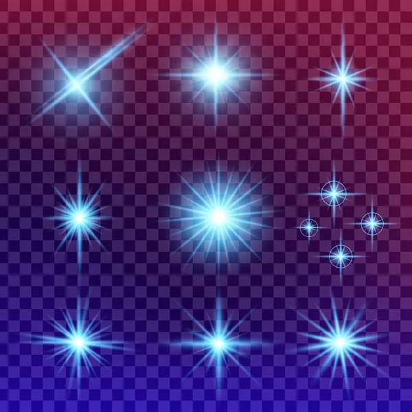 Concepto creativo Conjunto vectorial de estrellas con efecto de luz brillante estalla con destellos aislados sobre fondo negro. Para el diseño de arte de la plantilla de ilustración, banner para celebrar la Navidad, rayo mágico de energía flash. — Archivo Imágenes Vectoriales
