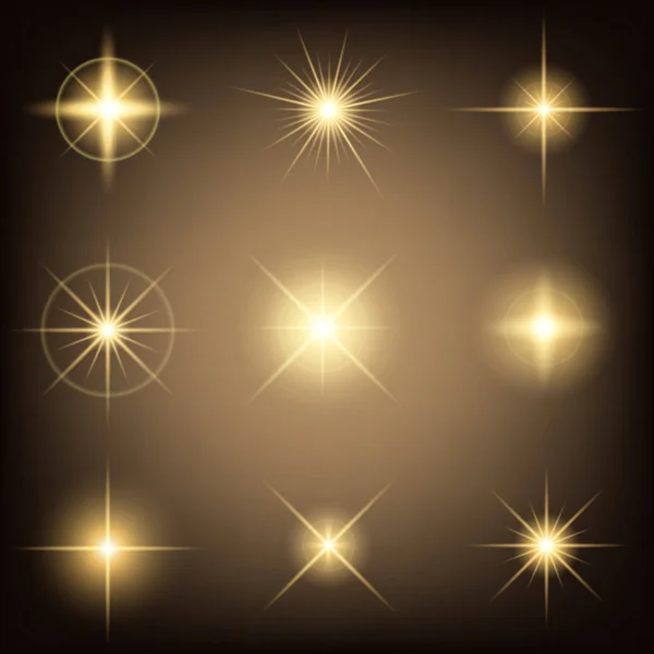 Conceito criativo Conjunto vetorial de estrelas de efeito de luz brilhante explode com faíscas isoladas em fundo preto. Para ilustração modelo arte design, banner para o Natal comemorar, raio de energia flash mágico. —  Vetores de Stock