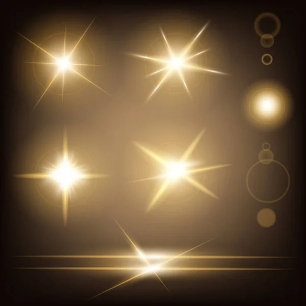 Concepto creativo Conjunto vectorial de estrellas con efecto de luz brillante estalla con destellos aislados sobre fondo negro. Para el diseño de arte de la plantilla de ilustración, banner para celebrar la Navidad, rayo mágico de energía flash. — Vector de stock