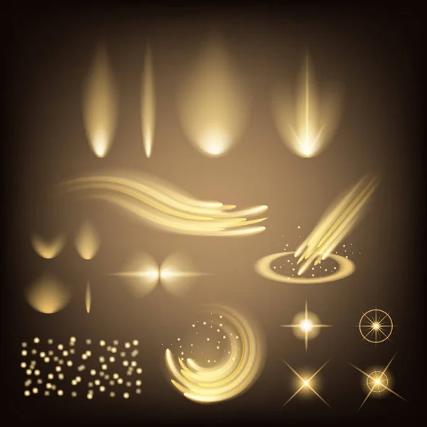 Concetto creativo Set vettoriale di stelle effetto luce bagliore esplode con scintille isolate su sfondo nero. Per illustrazione modello art design, banner per Natale celebrare, raggio di energia flash magia. — Vettoriale Stock