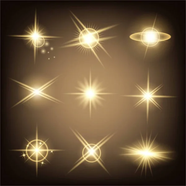 Concept créatif Ensemble vectoriel d'étoiles à effet de lumière brillante éclate avec des étincelles isolées sur fond noir. Pour la conception d'art de modèle d'illustration, bannière pour Noël célèbrent, rayon d'énergie flash magique. — Image vectorielle