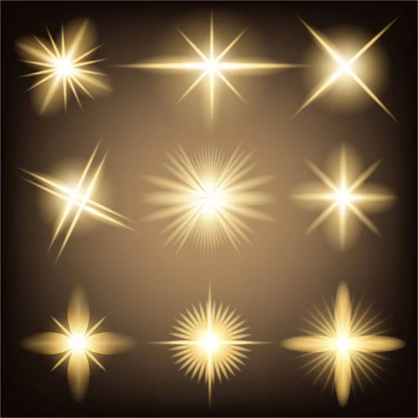 Conceito criativo Conjunto vetorial de estrelas de efeito de luz brilhante explode com faíscas isoladas em fundo preto. Para ilustração modelo arte design, banner para o Natal comemorar, raio de energia flash mágico. — Vetor de Stock