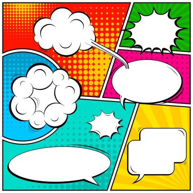 Yaratıcı soyut kavram vektör komik pop sanat tarzı boş, düzeni şablonu bulutlar kiriş ve izole noktalar arka plan ile. Satışı büyük başlığı, boş konuşma balonu ayarı, illüstrasyon noktalı resim kitap tasarımı için.