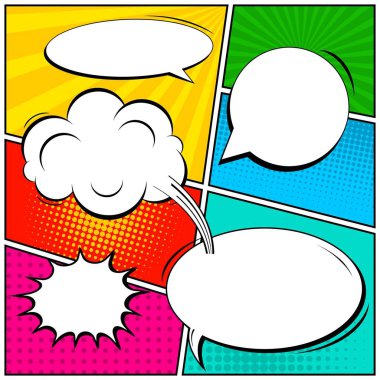 Yaratıcı soyut kavram vektör komik pop sanat tarzı boş, düzeni şablonu bulutlar kiriş ve izole noktalar arka plan ile. Satışı büyük başlığı, boş konuşma balonu ayarı, illüstrasyon noktalı resim kitap tasarımı için.