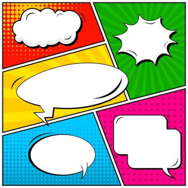 Yaratıcı soyut kavram vektör komik pop sanat tarzı boş, düzeni şablonu bulutlar kiriş ve izole noktalar arka plan ile. Satışı büyük başlığı, boş konuşma balonu ayarı, illüstrasyon noktalı resim kitap tasarımı için.