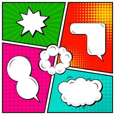Yaratıcı soyut kavram vektör komik pop sanat tarzı boş, düzeni şablonu bulutlar kiriş ve izole noktalar arka plan ile. Satışı büyük başlığı, boş konuşma balonu ayarı, illüstrasyon noktalı resim kitap tasarımı için.