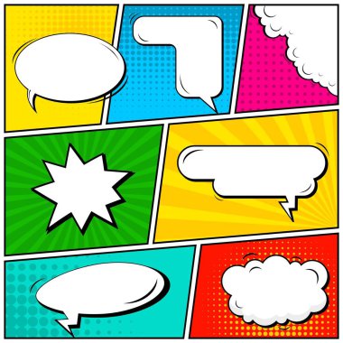 Yaratıcı soyut kavram vektör komik pop sanat tarzı boş, düzeni şablonu bulutlar kiriş ve izole noktalar arka plan ile. Satışı büyük başlığı, boş konuşma balonu ayarı, illüstrasyon noktalı resim kitap tasarımı için.