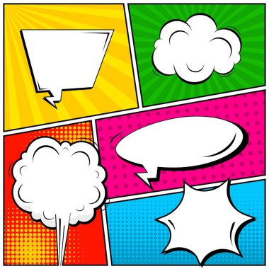 Yaratıcı soyut kavram vektör komik pop sanat tarzı boş, düzeni şablonu bulutlar kiriş ve izole noktalar arka plan ile. Satışı büyük başlığı, boş konuşma balonu ayarı, illüstrasyon noktalı resim kitap tasarımı için.