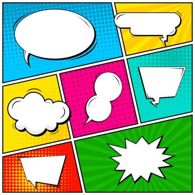 Yaratıcı soyut kavram vektör komik pop sanat tarzı boş, düzeni şablonu bulutlar kiriş ve izole noktalar arka plan ile. Satışı büyük başlığı, boş konuşma balonu ayarı, illüstrasyon noktalı resim kitap tasarımı için.