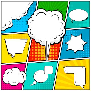 Yaratıcı soyut kavram vektör komik pop sanat tarzı boş, düzeni şablonu bulutlar kiriş ve izole noktalar arka plan ile. Satışı büyük başlığı, boş konuşma balonu ayarı, illüstrasyon noktalı resim kitap tasarımı için.