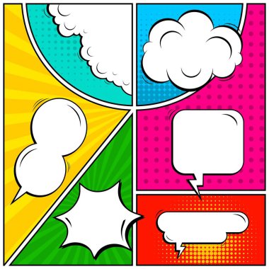 Yaratıcı soyut kavram vektör komik pop sanat tarzı boş, düzeni şablonu bulutlar kiriş ve izole noktalar arka plan ile. Satışı büyük başlığı, boş konuşma balonu ayarı, illüstrasyon noktalı resim kitap tasarımı için.
