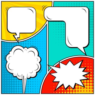 Yaratıcı soyut kavram vektör komik pop sanat tarzı boş, düzeni şablonu bulutlar kiriş ve izole noktalar arka plan ile. Satışı büyük başlığı, boş konuşma balonu ayarı, illüstrasyon noktalı resim kitap tasarımı için.
