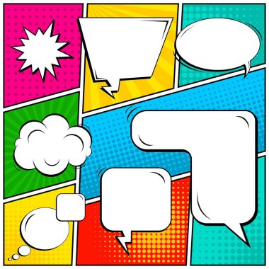 Yaratıcı soyut kavram vektör komik pop sanat tarzı boş, düzeni şablonu bulutlar kiriş ve izole noktalar arka plan ile. Satışı büyük başlığı, boş konuşma balonu ayarı, illüstrasyon noktalı resim kitap tasarımı için.