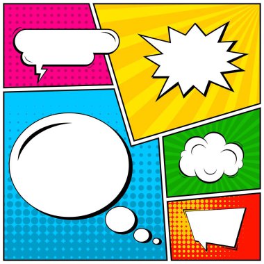 Yaratıcı soyut kavram vektör komik pop sanat tarzı boş, düzeni şablonu bulutlar kiriş ve izole noktalar arka plan ile. Satışı büyük başlığı, boş konuşma balonu ayarı, illüstrasyon noktalı resim kitap tasarımı için.