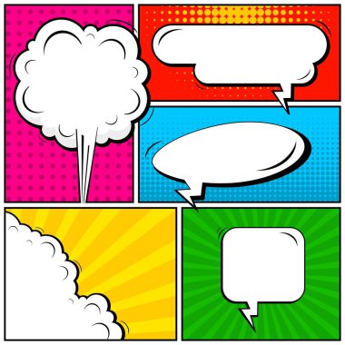 Yaratıcı soyut kavram vektör komik pop sanat tarzı boş, düzeni şablonu bulutlar kiriş ve izole noktalar arka plan ile. Satışı büyük başlığı, boş konuşma balonu ayarı, illüstrasyon noktalı resim kitap tasarımı için.