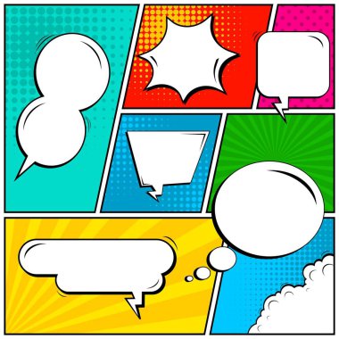 Yaratıcı soyut kavram vektör komik pop sanat tarzı boş, düzeni şablonu bulutlar kiriş ve izole noktalar arka plan ile. Satışı büyük başlığı, boş konuşma balonu ayarı, illüstrasyon noktalı resim kitap tasarımı için.