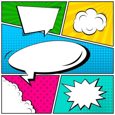 Yaratıcı soyut kavram vektör komik pop sanat tarzı boş, düzeni şablonu bulutlar kiriş ve izole noktalar arka plan ile. Satışı büyük başlığı, boş konuşma balonu ayarı, illüstrasyon noktalı resim kitap tasarımı için.