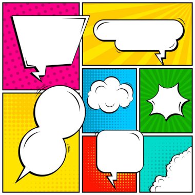 Yaratıcı soyut kavram vektör komik pop sanat tarzı boş, düzeni şablonu bulutlar kiriş ve izole noktalar arka plan ile. Satışı büyük başlığı, boş konuşma balonu ayarı, illüstrasyon noktalı resim kitap tasarımı için.