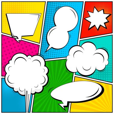 Yaratıcı soyut kavram vektör komik pop sanat tarzı boş, düzeni şablonu bulutlar kiriş ve izole noktalar arka plan ile. Satışı büyük başlığı, boş konuşma balonu ayarı, illüstrasyon noktalı resim kitap tasarımı için.